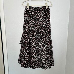Floral Midi Skirt Black Pink Ruffle Hi-lo Tiered Skirt Summer Spring BTFBM M